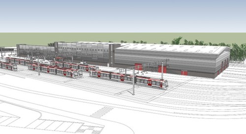 SketchUp model showing the Depot Buildings looking east across the stabling area