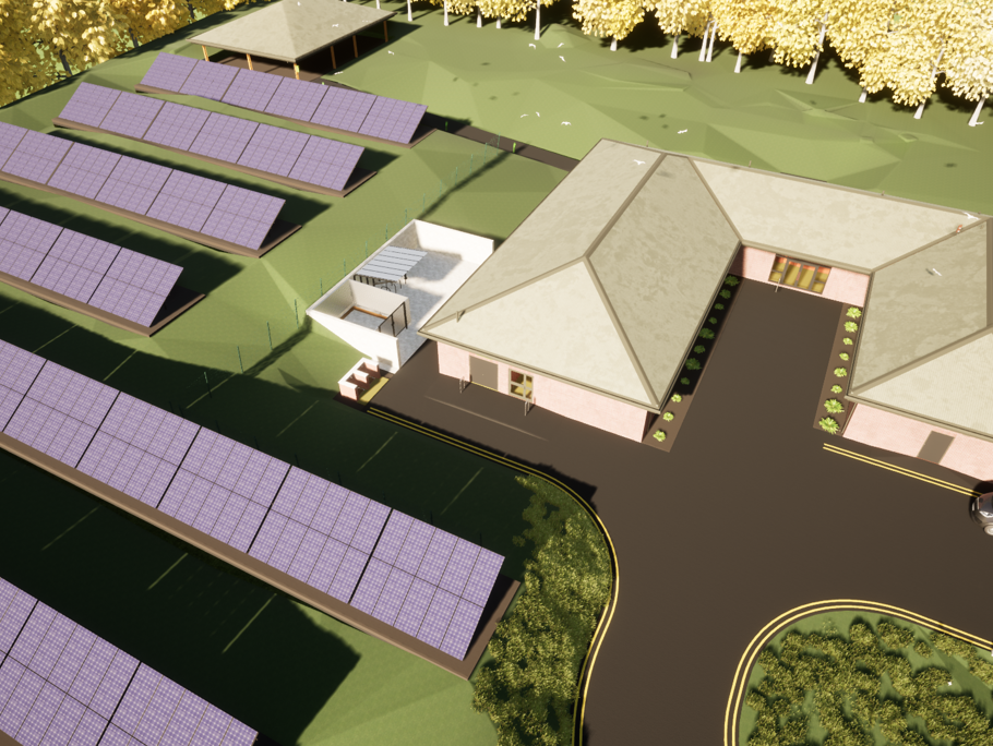 Ariel view of a building and solar panels at a military dogs site