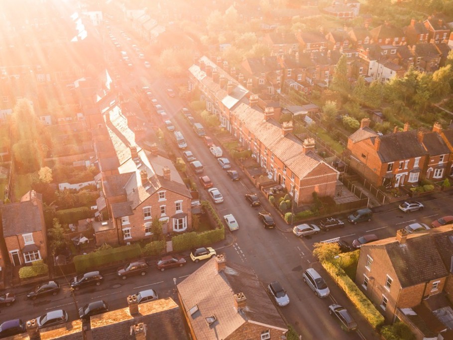 Ariel view of a crossroad in a housing estate 