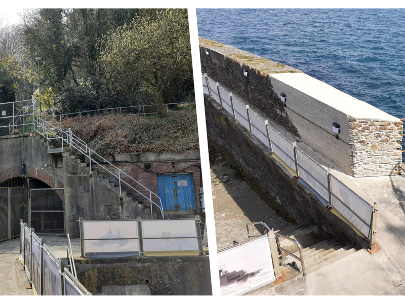 Two images of the Pier Cellars project. One of a tunnel and the other of a pathway by a river.