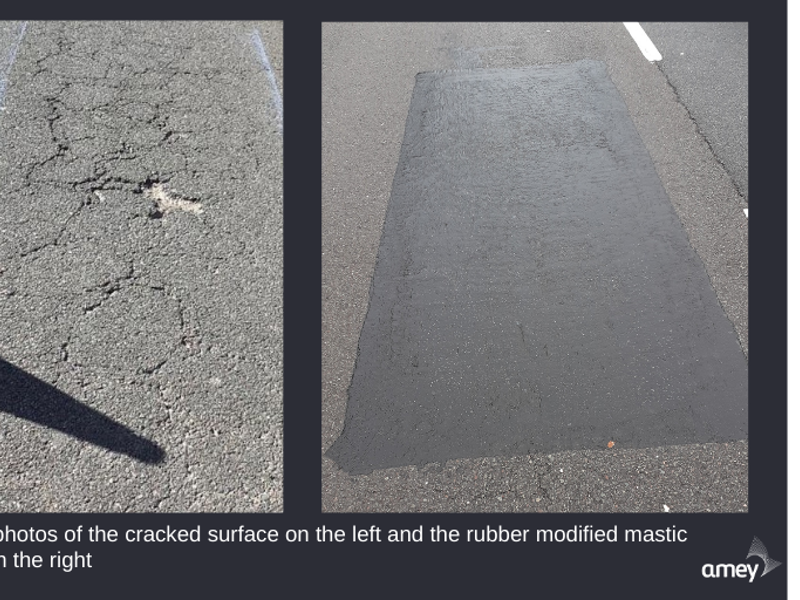 Before and after photo of a road repaired using mastic asphalt.