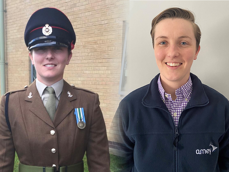 An image of a woman wearing her military uniform next to an image of her in Amey uniform.