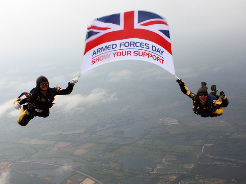 Image of two skydivers holding an Armed Forces Day flag.