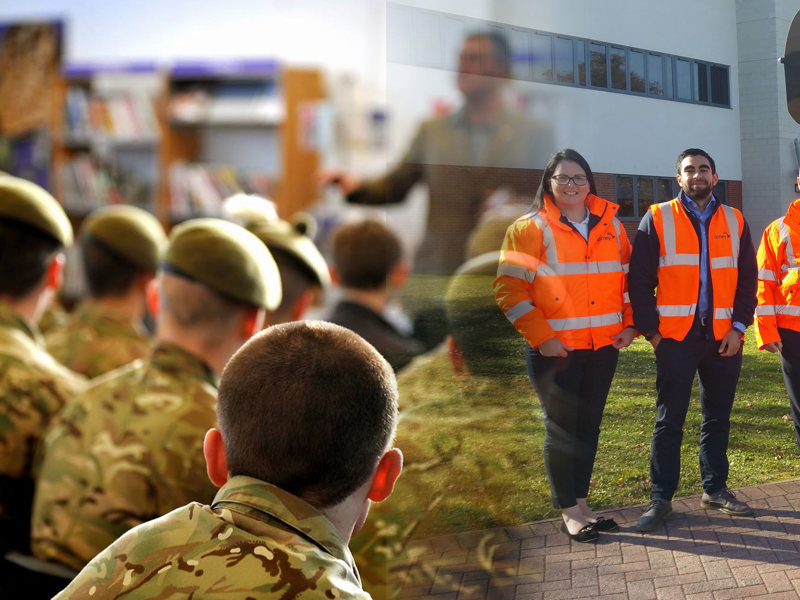 Side by side image of soldiers and an Amey employees wearing PPE