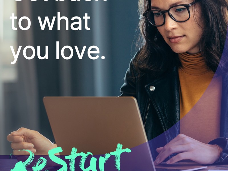 Image of a woman working at a laptop, captions 'get back to what you love'
