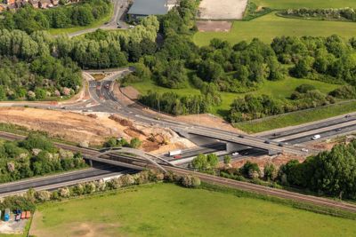 Ariel view of a roadside construction site.