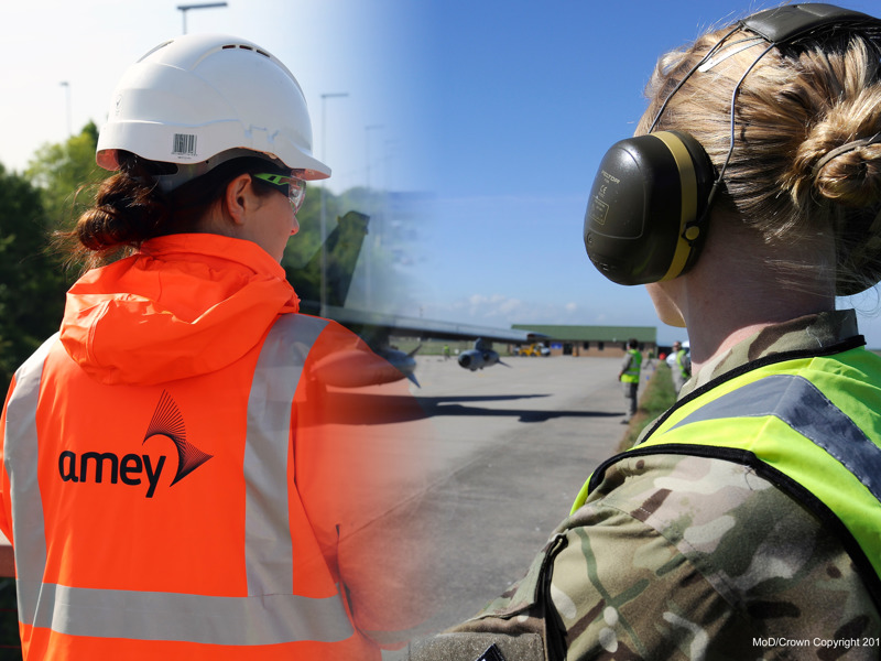 Side by side image of a soldier and an Amey employee wearing PPE.